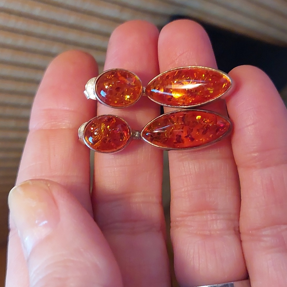 Cognac Amber and Sterling Pierced Dangle Earrings